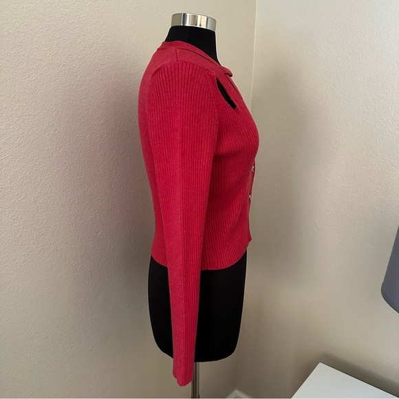 By Anthropologie V-Neck Strappy Ribbed Buttons Up Red Crop Cardigan Sweater Sz M - Picture 6 of 13